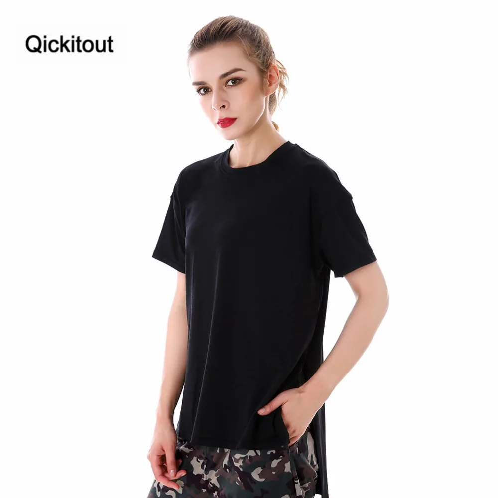 Женская Повседневная футболка Qickitout черная однотонная хлопковая брендовая