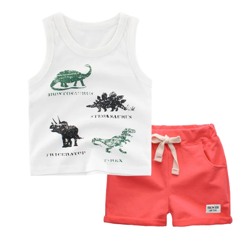 BINIDUCKLING Fashion Summer Baby Children Boy Clothes Set Sleeveless Vest+Shorts Dinosaur Cartoon Toddler Kids Clothing Set - Цвет: Red