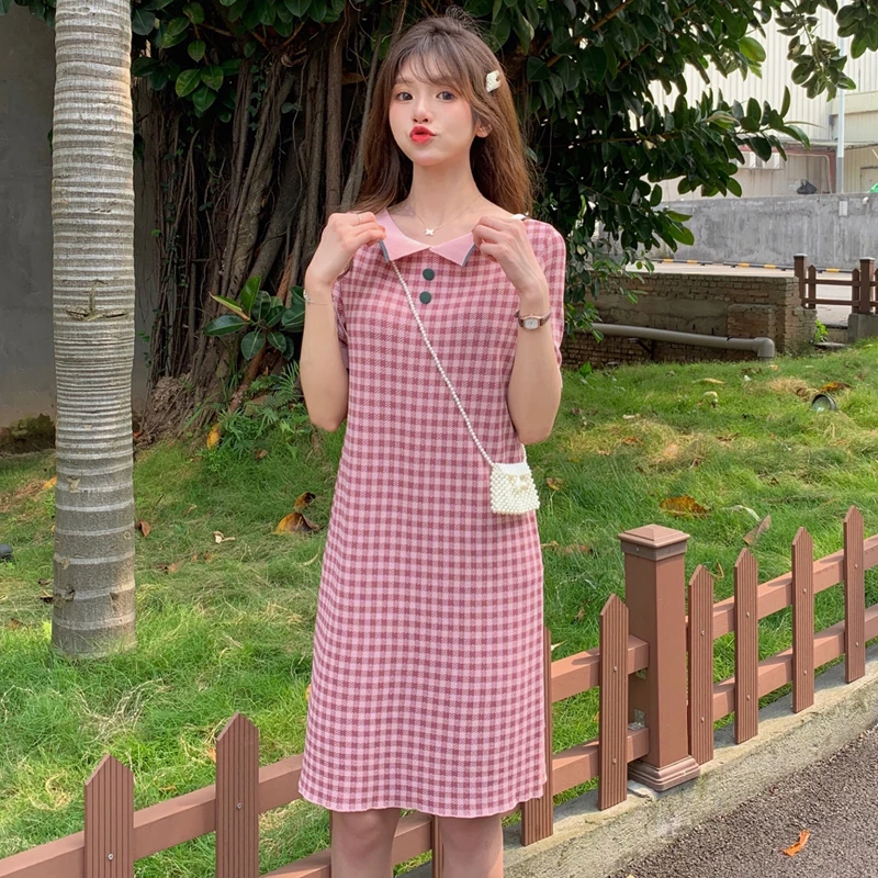 Женское клетчатое платье с отложным воротником повседневное винтажное до колена