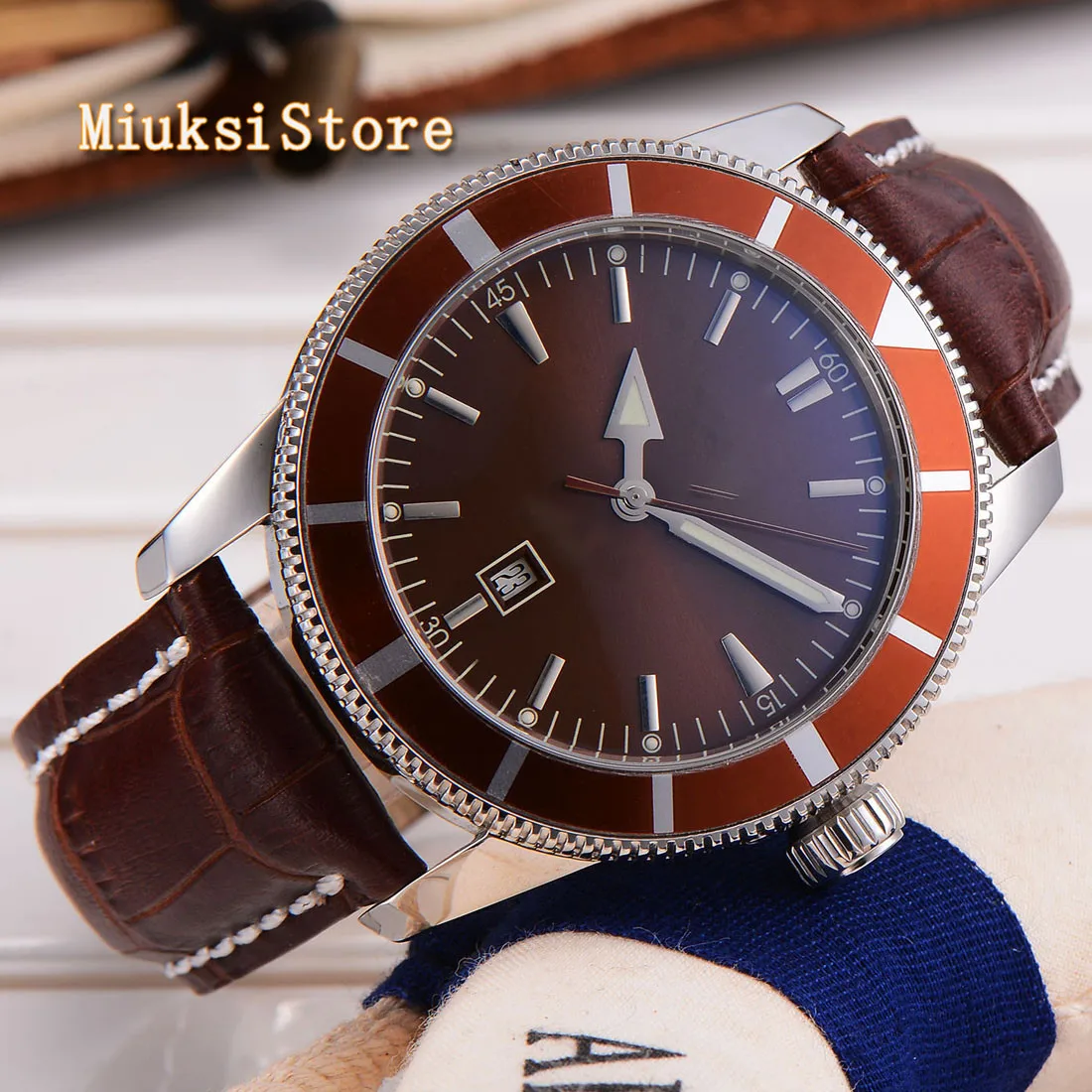 

2019luxury 46mm bliger special scratch proof mineral glass brown dial luminous marks date window automatic mens mechanical watc