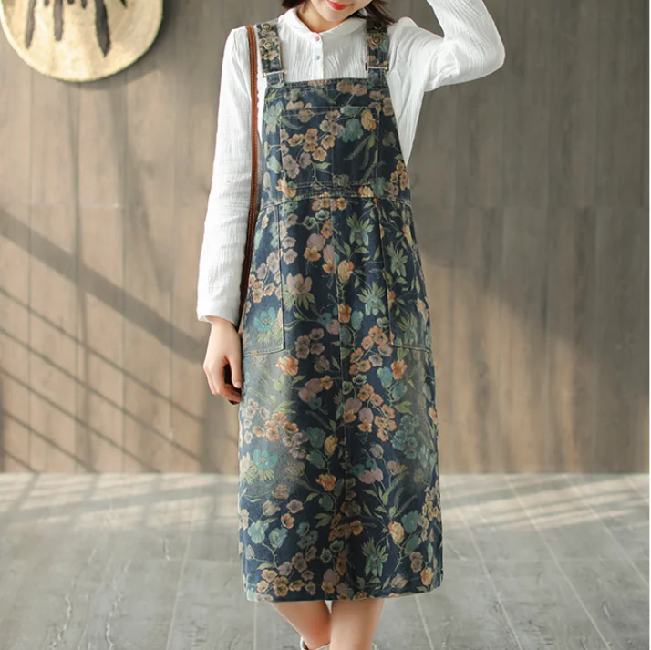 Женское джинсовое платье с цветочным принтом свободное Повседневное из денима в