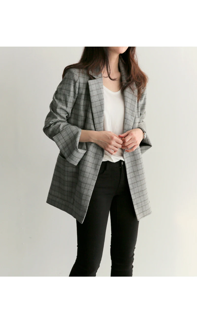 Женский офисный блейзер в клетку Серый с длинным рукавом и поясом бантом