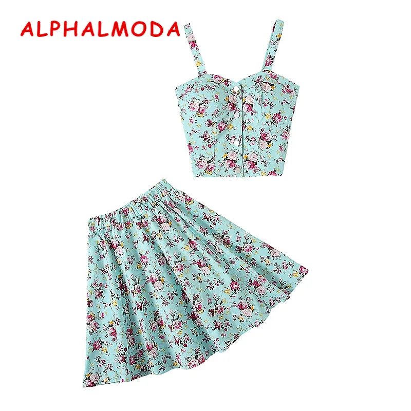 Женский однобортный Топ ALPHALMODA майка с цветочным принтом + мини юбка комплект из 2