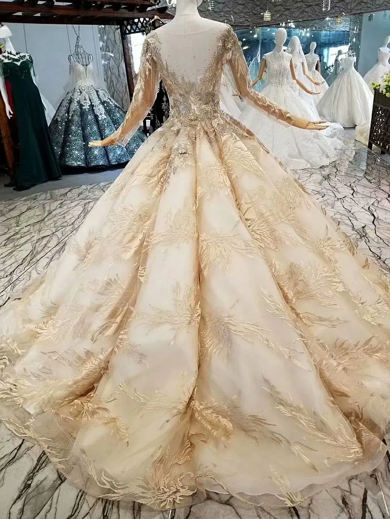 LS486321 шампинь бальное платье вечернее с длинными рукавами из тюля и круглым