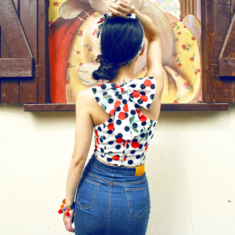 Майка женская летняя в горошек с принтом вишни стиле Одри Хепберн 50 х годов|bow