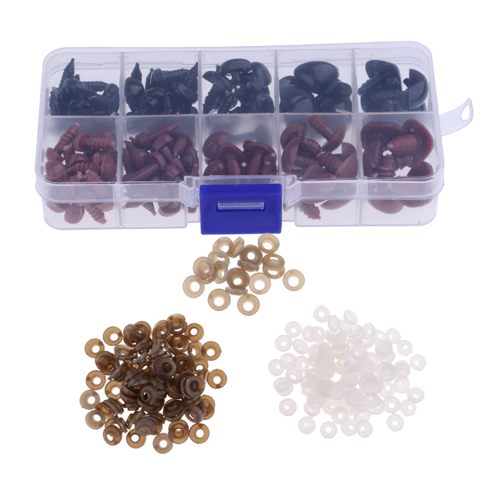 

130 Pieces Plastic Safety Nose For Bears Soft Toys Snap Animal Dolls Crafts~8-16mm Diameter Black & Brown