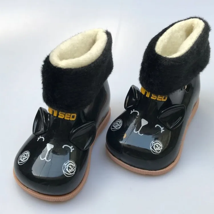black Мини-сандалии Melissa; Детские Зимние прозрачные резиновые сапоги с милым котом; нескользящие водонепроницаемые резиновые сапоги для девочек; прозрачная обувь; сапоги принцессы - Цвет: black