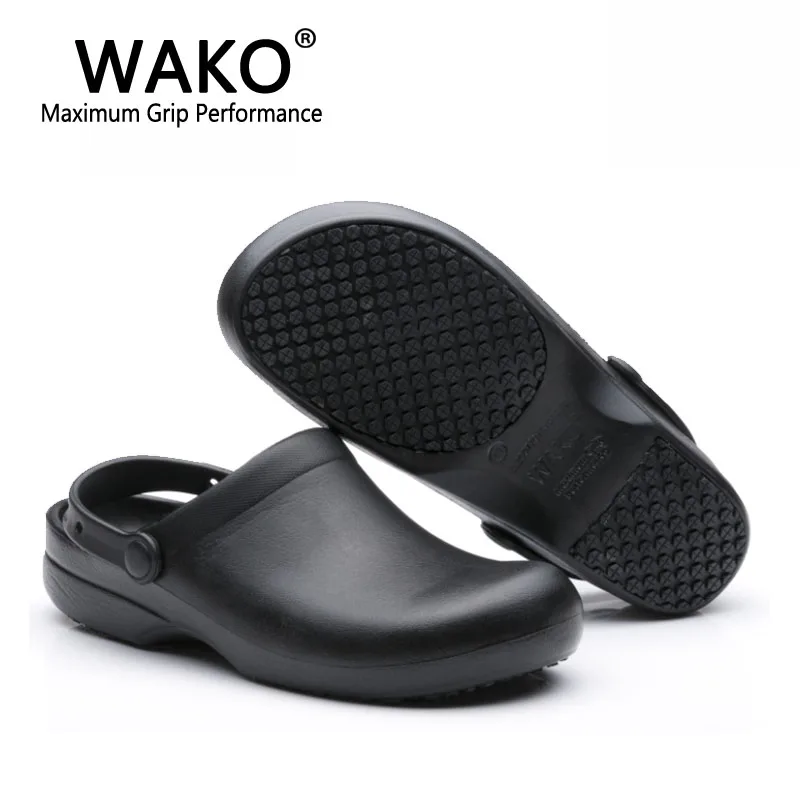 WAKO/9011; Мужская обувь шеф-повара; очень Нескользящая рабочая обувь для кухни; сандалии для повара; сабо с ремешками; дышащая обувь без шнуровки; Цвет Черный; размеры 36-44