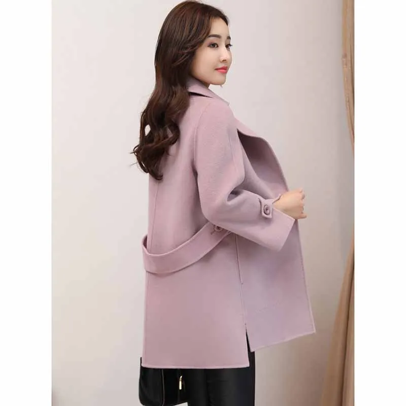 Женское шерстяное пальто с поясом однотонное свободное кашемировое длинным