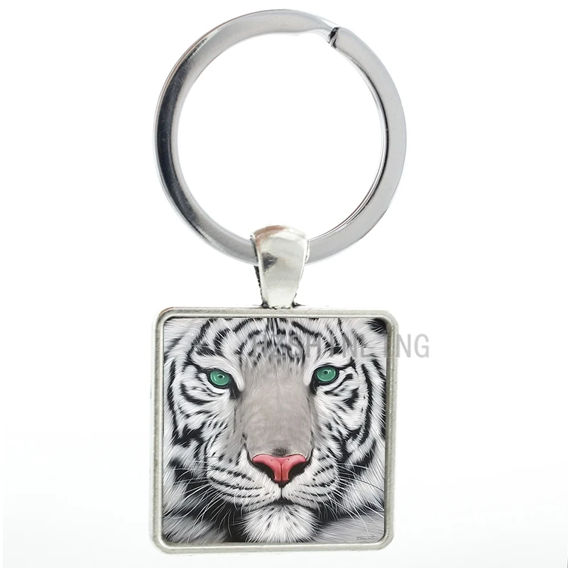 

Vintage wildlife Tiger Photo square pendant keychain men keyring fashion pop wild animal tiger key chain ring holder AA79