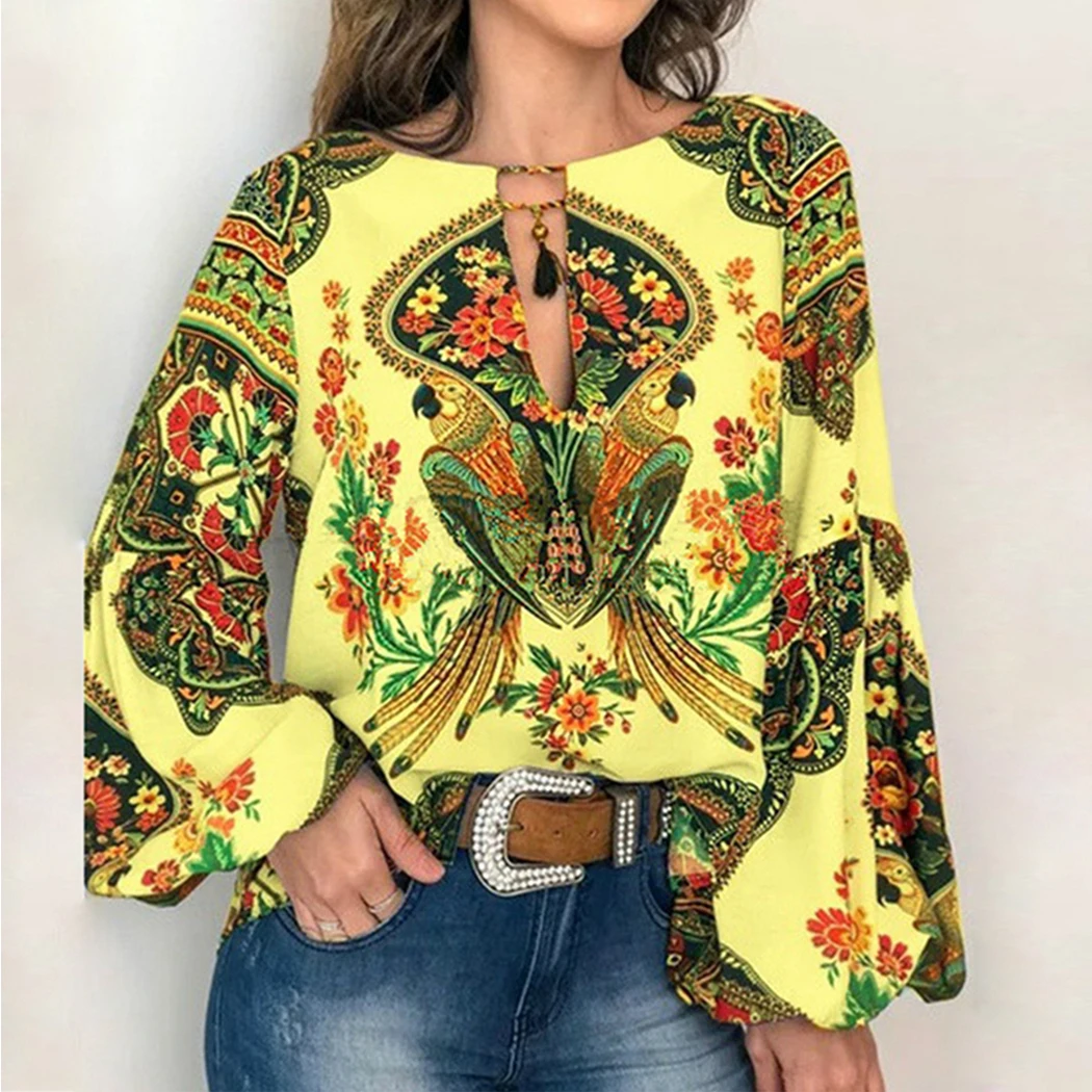 Женская блузка с рукавами-фонариками Boho Пляжная цветочным принтом на шнуровке