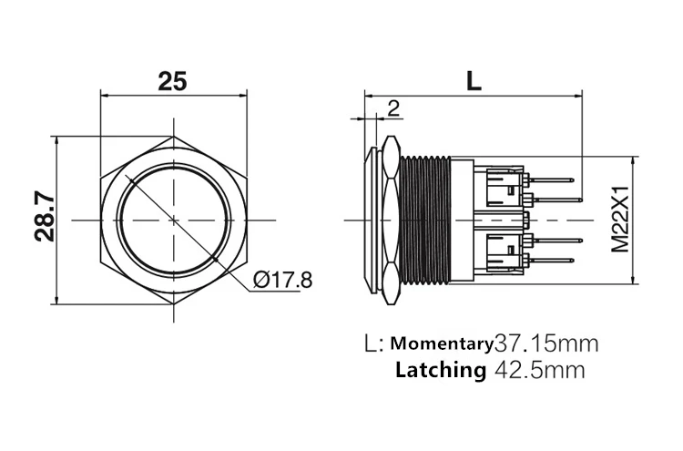 22 мм водонепроницаемый мгновенный металлический дверной звонок из нержавеющей