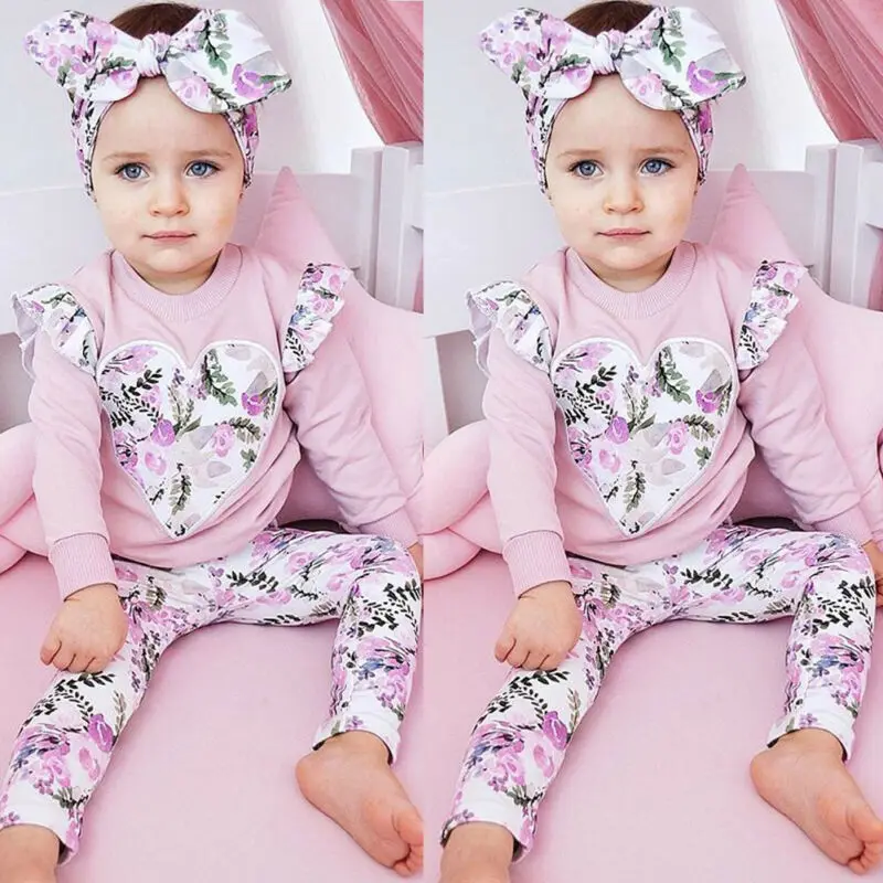 Kids Baby Girl Flroal O neck Tops + pink pants Headband Outfits Clothes Summer 3Pcs Kid Girls Clothing Set Drop Ship | Детская одежда и