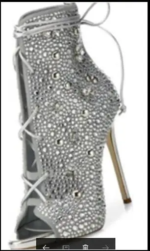 hot sale woman lace up high heel boots rhinestones peep toe ankle |