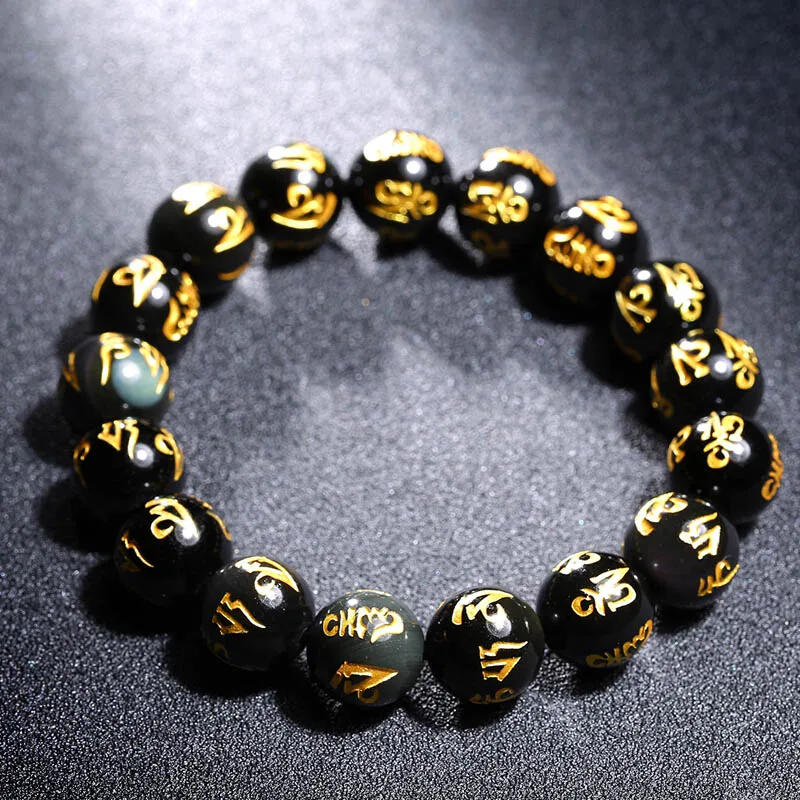 Drop Shipping Natural Obsidian Beads Bracelets Lucky Amulet Six-word Rumor Hot Stampin homme Bracelet For Women Men Gift | Украшения и