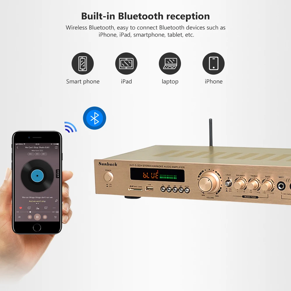 5-канальный усилитель Bluetooth стерео усилитель AV аудио дома Театр этап караоке, Hi-Fi, Мощность усилители профессиональный усилитель
