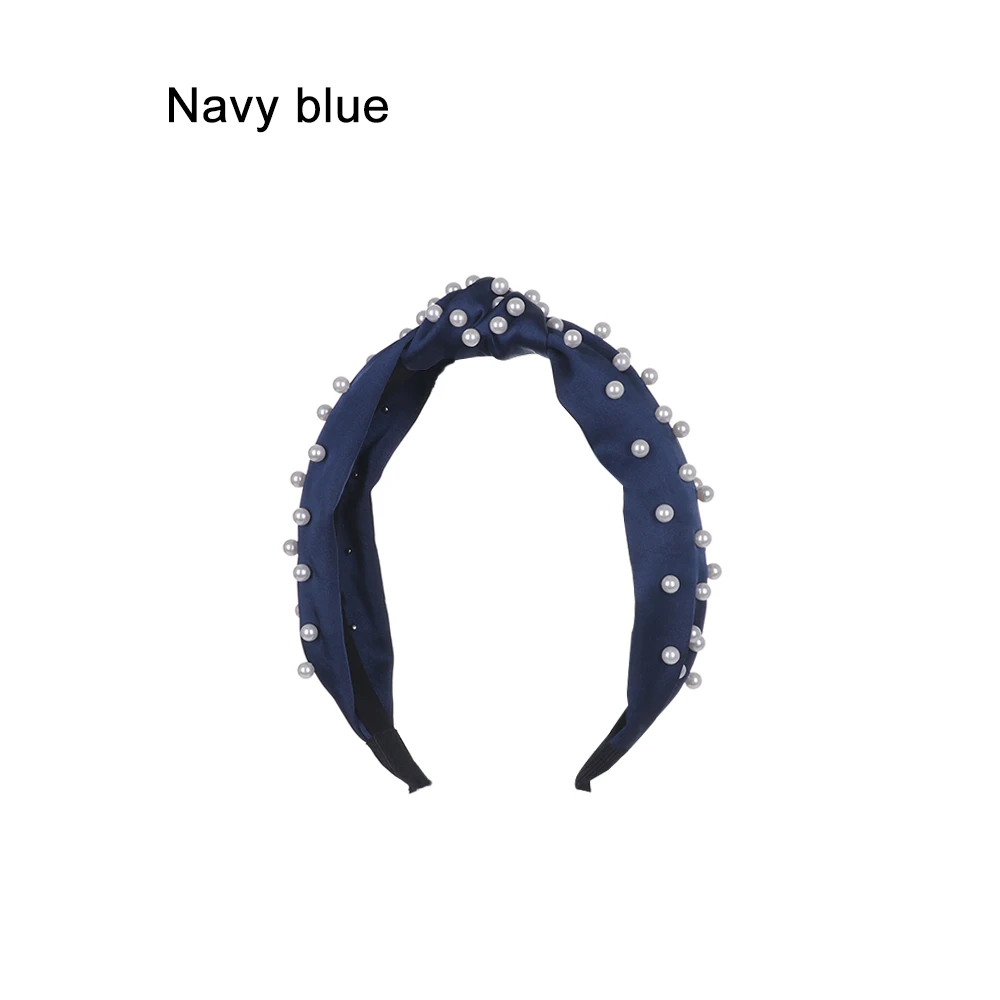Navy Blue Повязки на голову с бантом для женщин, богемный жемчужный ободок для волос для женщин и девочек, однотонные аксессуары для волос, обруч для волос, тюрбан - Цвет: Navy Blue