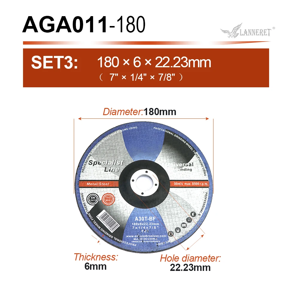 1pc 180mm LANNERET шлифовальный диск 115 мм/125 мм/180 мм/230 мм из нержавеющей стали, металлический шлифовальный абразивный шлифовальный лист, режущий диск - Наружный диаметр: 1pc 180mm