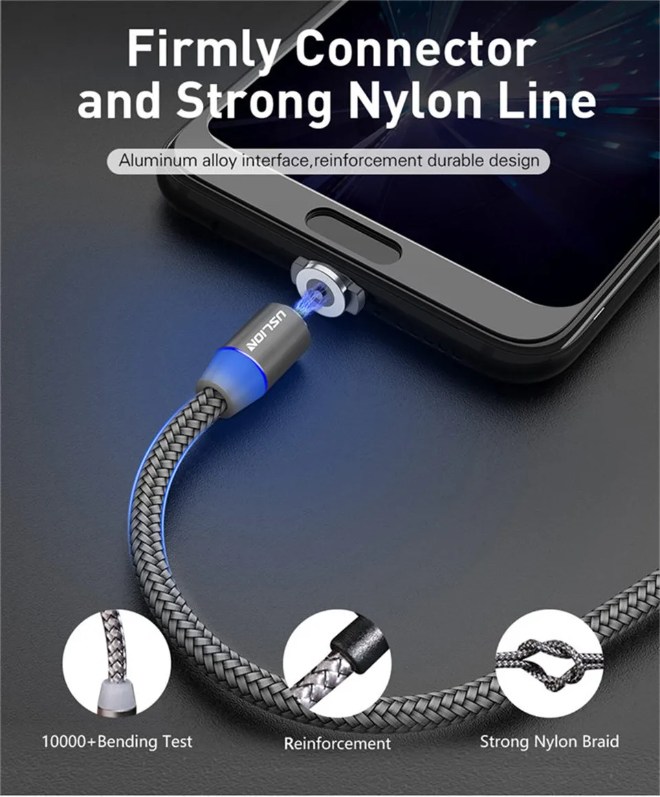 USLION 2 м Магнитный кабель для быстрой зарядки Micro usb type C зарядное устройство для iPhone XS X 8 7 samsung S10 9 магнит Android телефонный кабель 3 м
