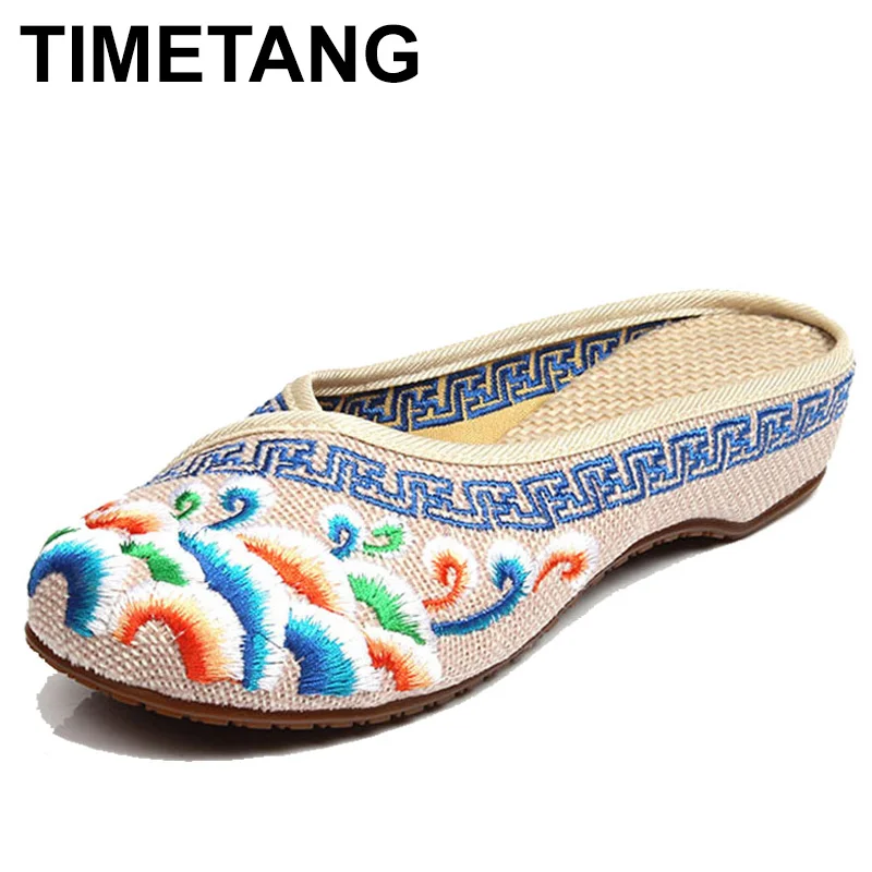 TIMETANG ручной работы с цветочной вышивкой Шлепанцы Сезон лето Модные женские туфли