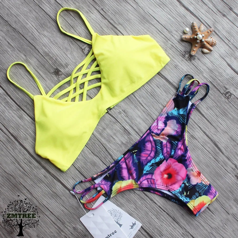 ZMTREE перекрестное бикини купальник с цветочным принтом женский сексуальный