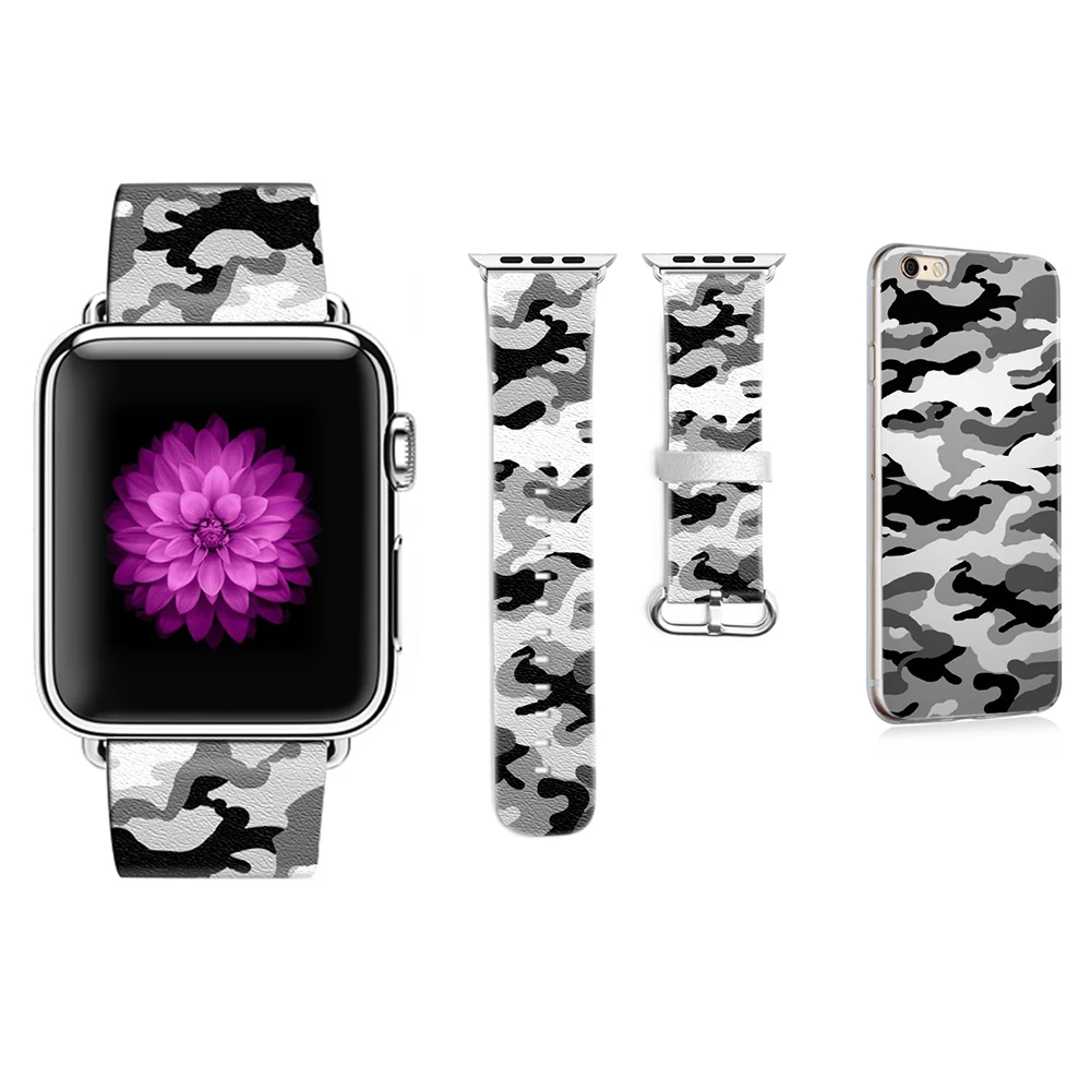 Камуфляж DiY ремешок для Apple Watch 38 мм 42 мм кожаный браслет для iWatch 40 мм 44 мм Серия 1 2 3 4 ремешок подарок для IPhone чехол