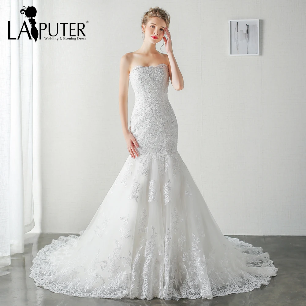 Elegant Strapless Lace-up Back Court Train Sleeveless Lace Appliques Mermaid Wedding Dresses Cheap Bridal Gowns | Свадьбы и