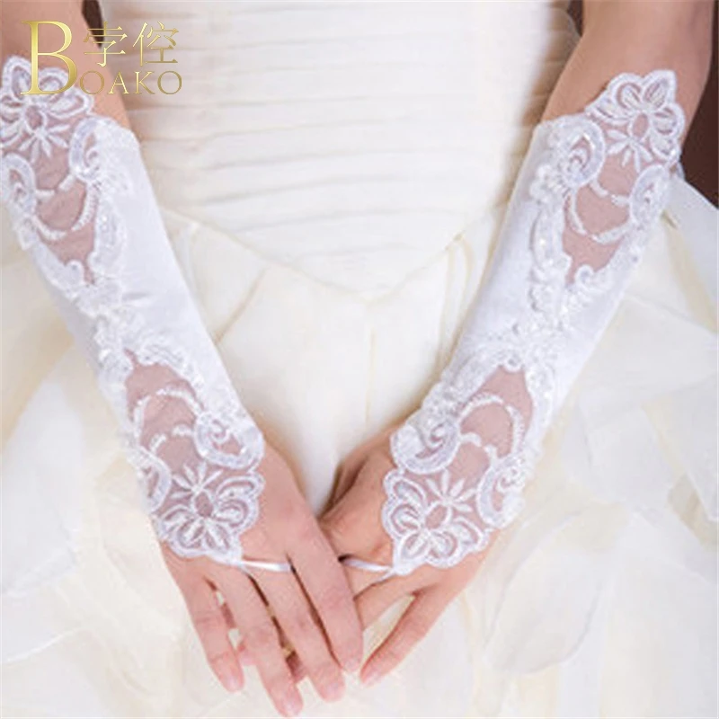 

BOAKO Wedding Gloves Women White Fingerless Bridal Gloves Long Lace gant mariage femme Party gloves Wedding Luvas Accessories K5