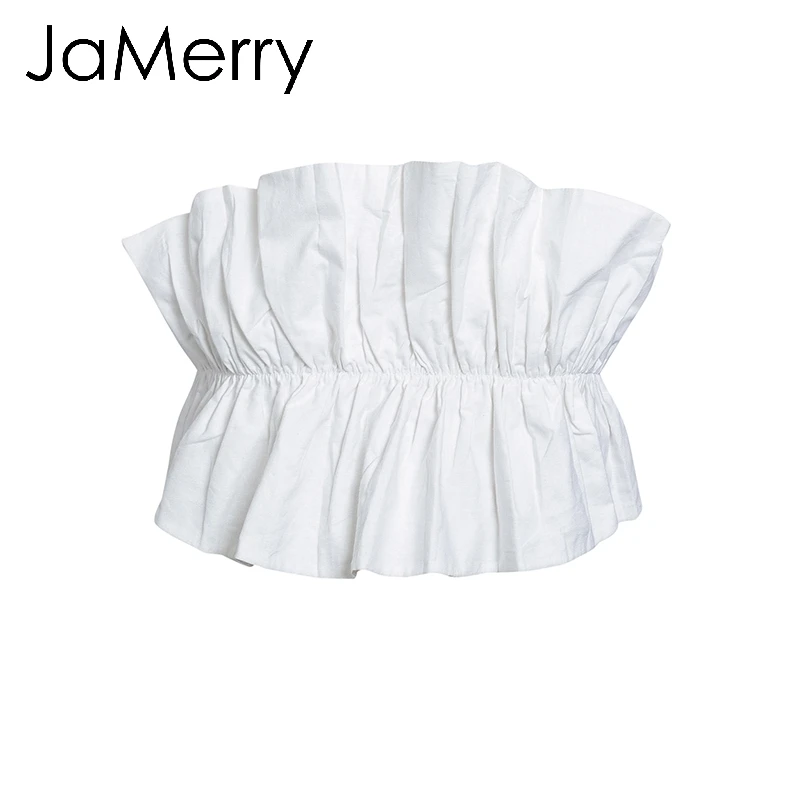 Белый JaMerry, Сексуальный Топ без бретелек с рюшами, летние пляжные топы на шнуровке, однотонные женские короткие майки, модные вечерние топы - Цвет: Белый