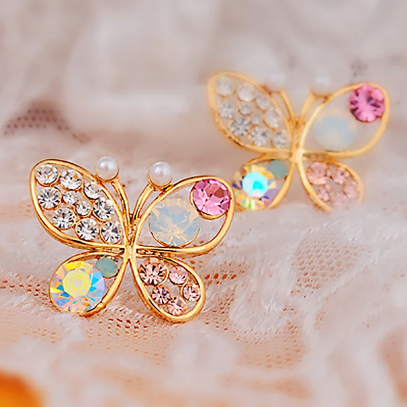 С украшением в виде кристаллов имитация жемчуга бабочка серьги гвоздики Золотая