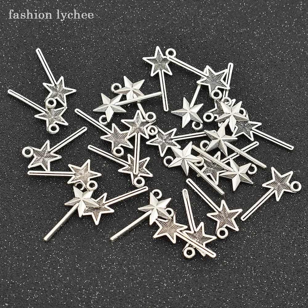 Модные тибетские серебряные бусины lychee 35 шт. волшебная палочка со звездами