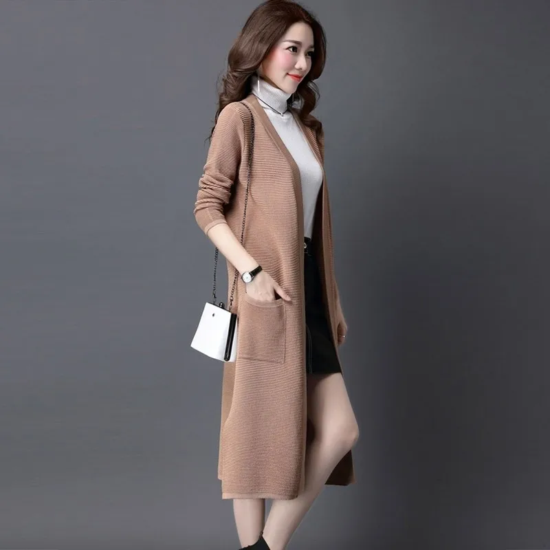 Женский длинный вязаный кардиган элегантный свободный свитер с длинным рукавом