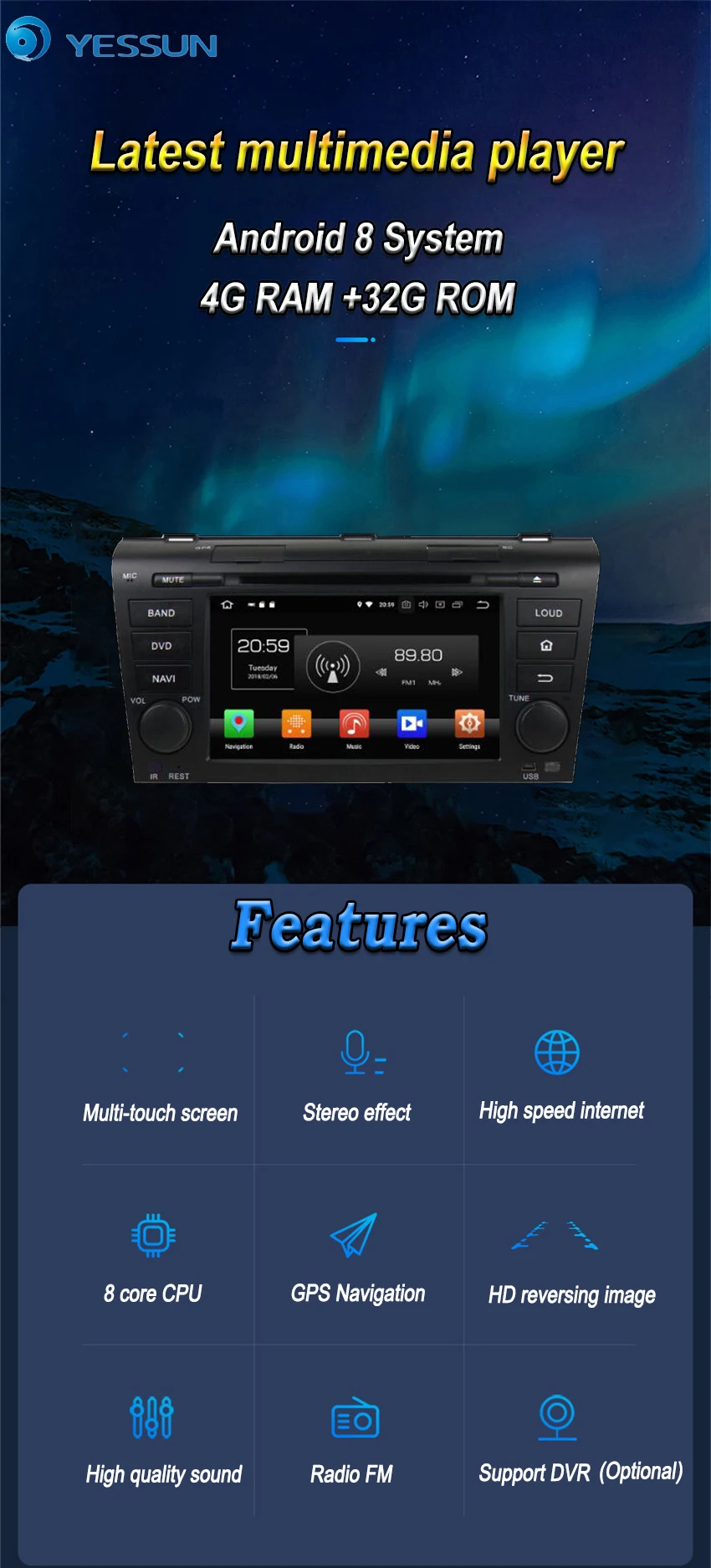 YESSUN Android 8,0 4G ram для Mazda 3 BK 2004~ 2009 Автомобильный навигатор gps мультимедийный плеер Зеркало Ссылка Радио сенсорный экран Авторадио