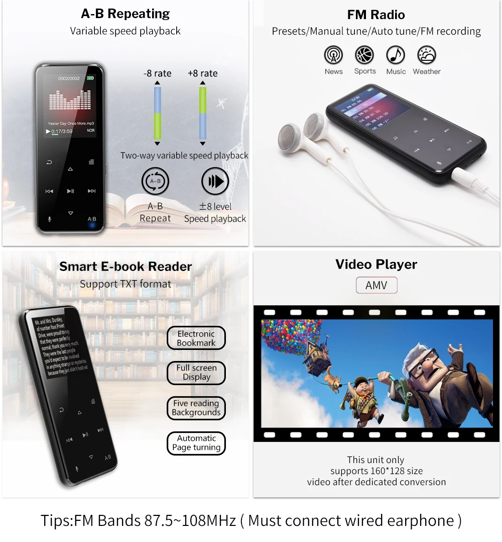 Deelife Спортивный MP3 плеер Bluetooth с динамиком FM радио HiFi MP 3 воспроизведения музыки портативный шагомер для бега спорт MP3-Player