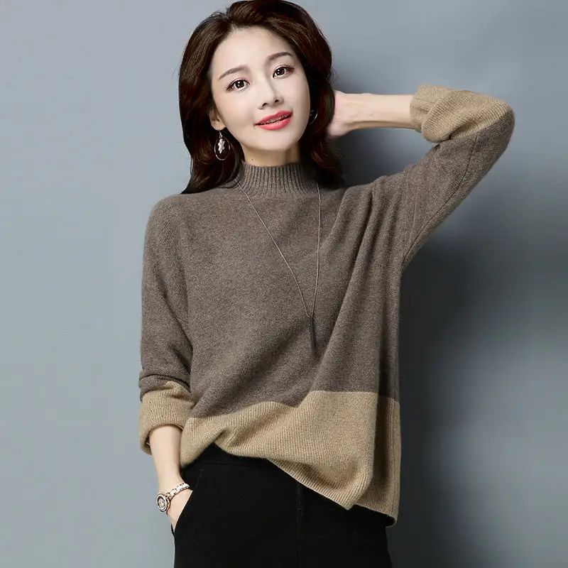 Coffee color Новинка весны, Женский вязаный свитер с высоким воротником, Повседневный пуловер, свободный, большой размер, трикотаж, модный, элегантный, женский свитер lj222 - Цвет: Coffee color