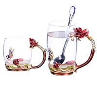 enamel color crystal glass mug rose flower butterfly handgrip and rhinestones decorated design drinking glass cups lovers gift