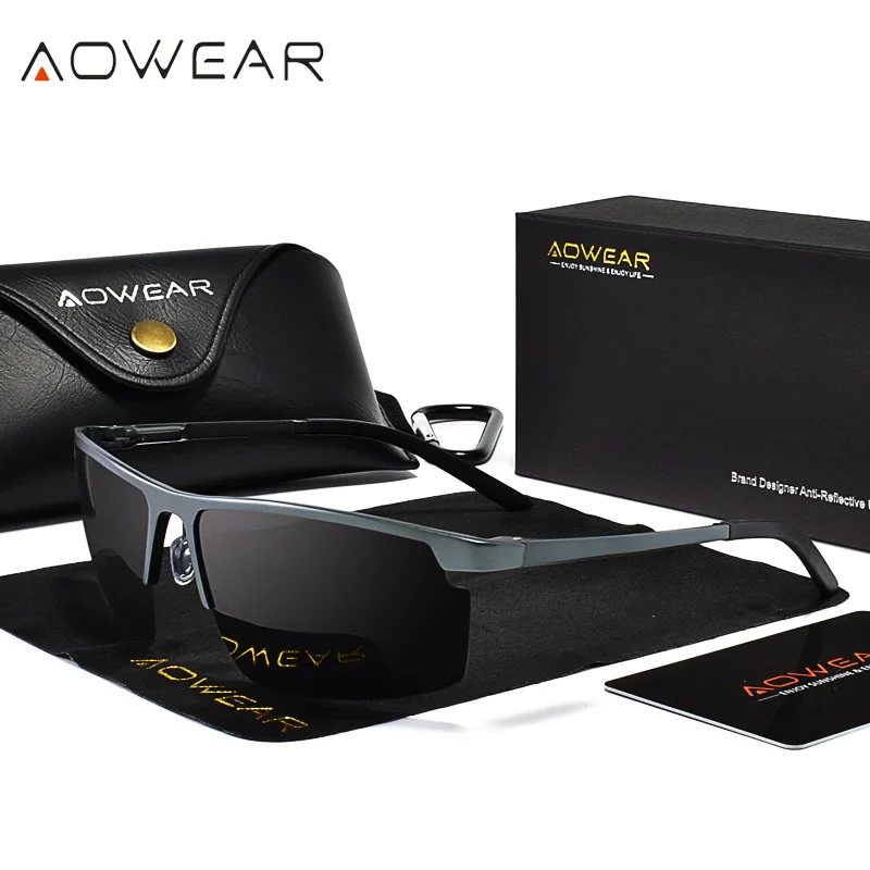 AOWEAR, настоящие алюминиевые солнцезащитные очки без оправы, мужские поляризованные Uv400, высокое качество, зеркальные солнцезащитные очки для мужчин, роскошные Брендовые мужские очки