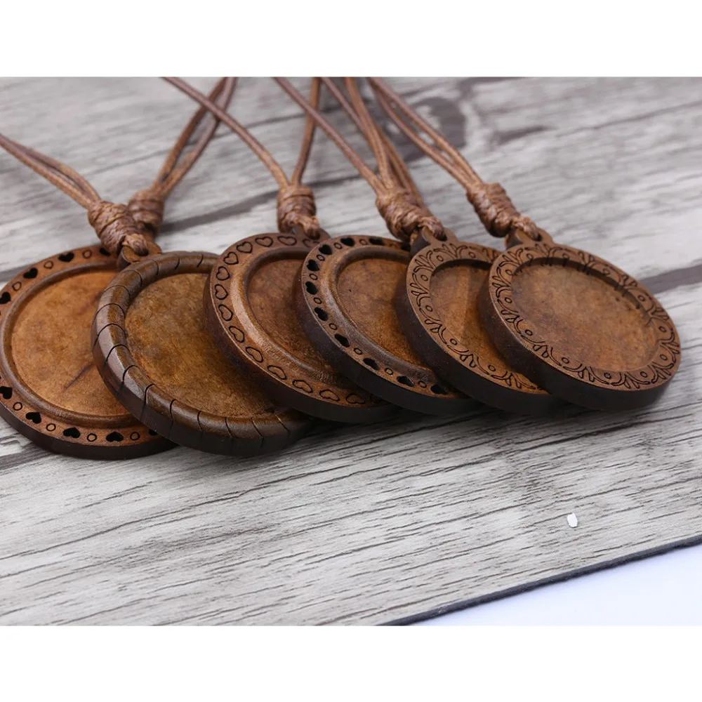 

onwear 5pcs wood cabochon settings 25mm 30mm inner size blank cameo pendant base trays with leather cord for jewelry making