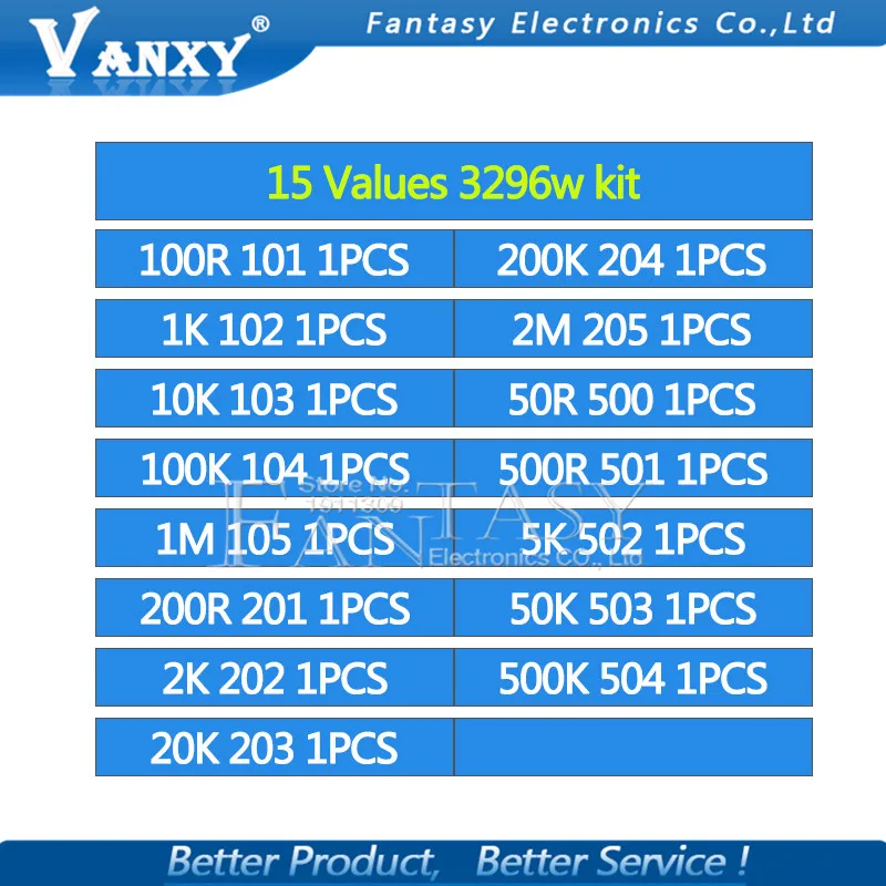 15valuesx1 шт = 15 шт 100ohm-2Mohm 0,5 Вт 3296 3296 Вт переменные резисторы многооборотный Подстроечный резистор регулируемый прецизионный потенциометр комплект