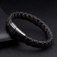 sporty design black pattern genuine leather bracelets men women jewelry vintage stainless steel magnet buckle charm bracelets