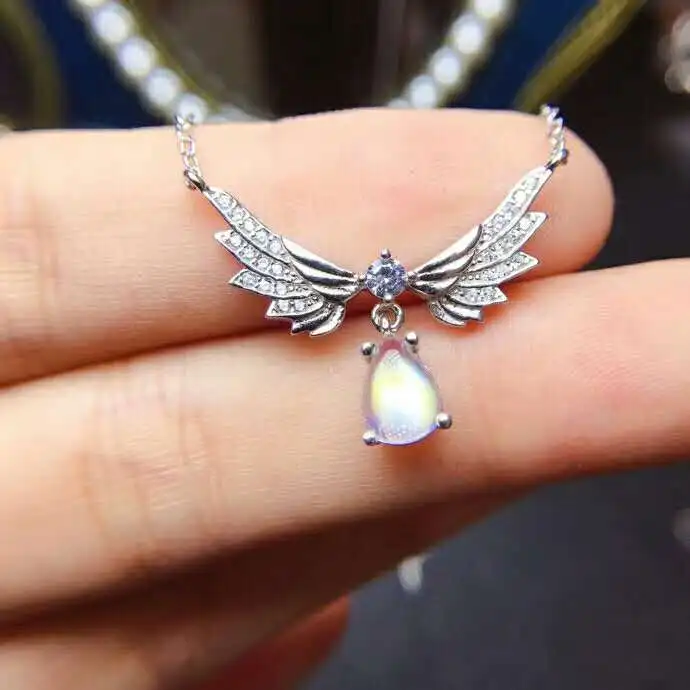 Fidelity natural 5*7mm moonstone (lovers of stone) pendants s925 sterling silver wing fine jewelry for women party blue gemstone | Украшения