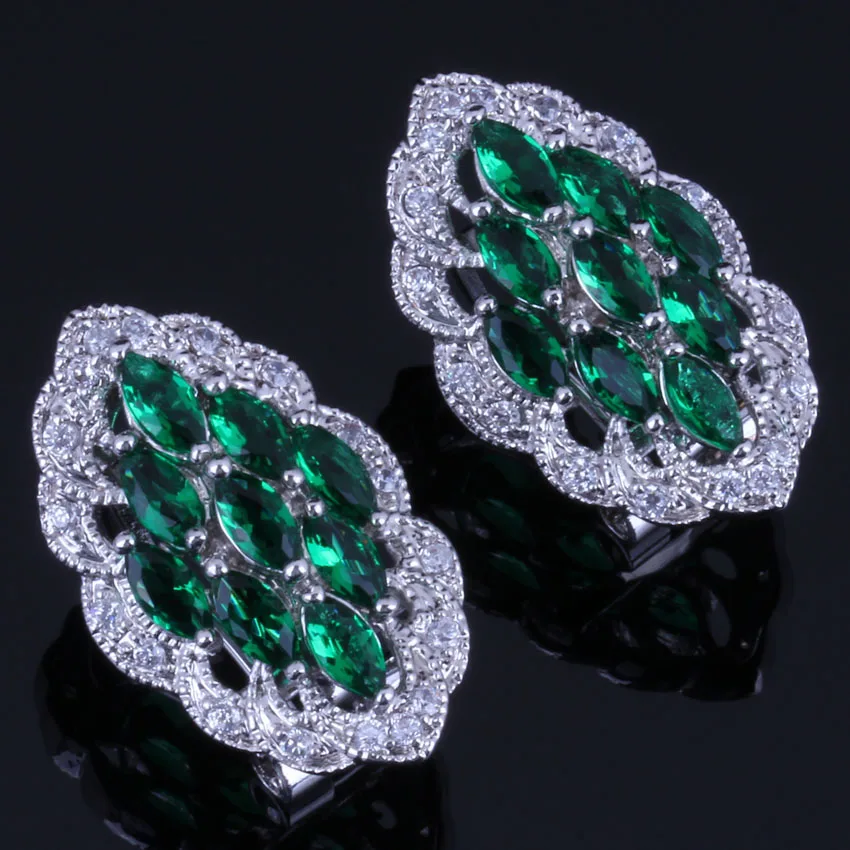 Поглощающие маркиза зеленый кубический цирконий Белый CZ посеребренные серьги