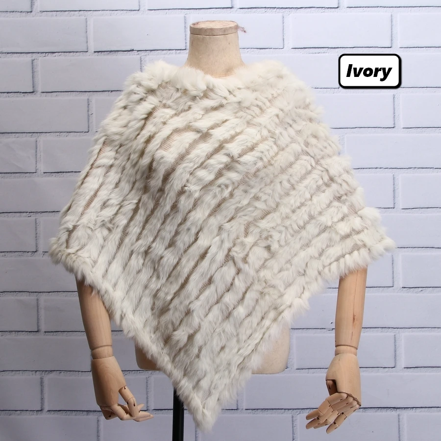ivory ZDFURS* Настоящий вязаный кроличий мех пончо обёрточная бумага пашмины шарфы женский вечерний пуловер натуральный кроличий мех шаль треугольная накидка - Цвет: ivory