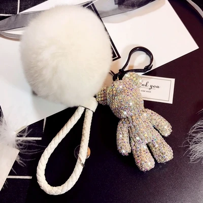 Bomgom Crystal Gloomy Bear Rhinestone Keychain Car Holder Bag Charm Women Jewelry Fur Pom Pom Luxury Key Chain Key Ring Pendant