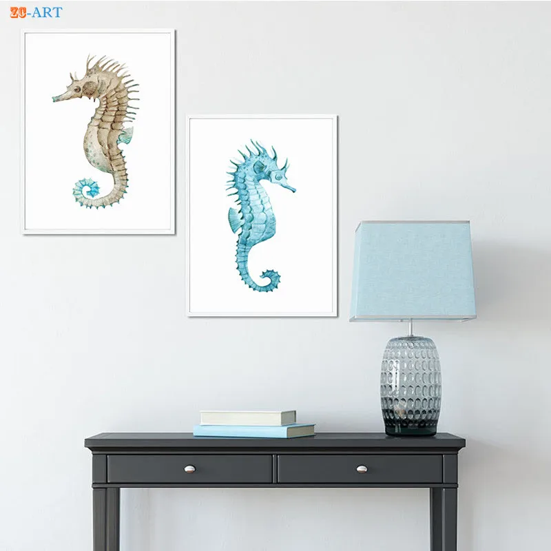 Парусиновая картина с принтом морской лошади синяя настенная живопись