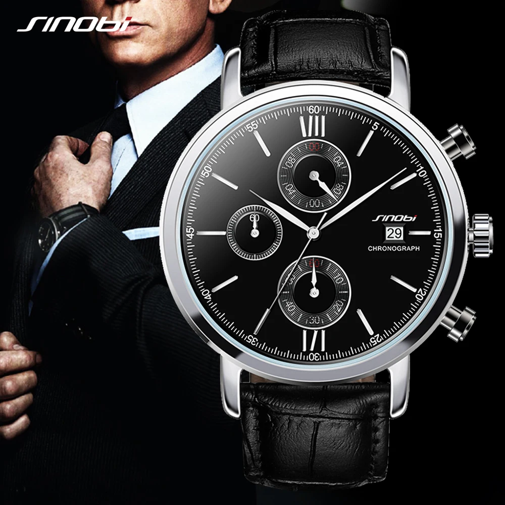 

Мужские часы SINOBI 2020, кожаный секундомер, дата, водонепроницаемые часы, мужские кварцевые часы, мужские часы, роскошные часы, мужские часы