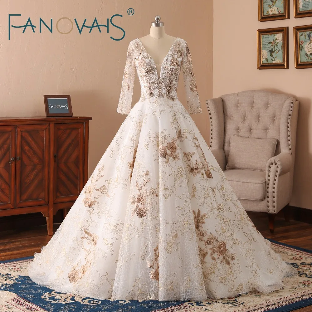 Золотые свадебные платья 2019 жемчуг с длинными рукавами Vestido de Novia gelinlik robe mariage