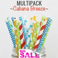 100pcs mixed colors cabana breeze themed paper straws wholesale uk lime green and aqua polka dot blue chevron red striped