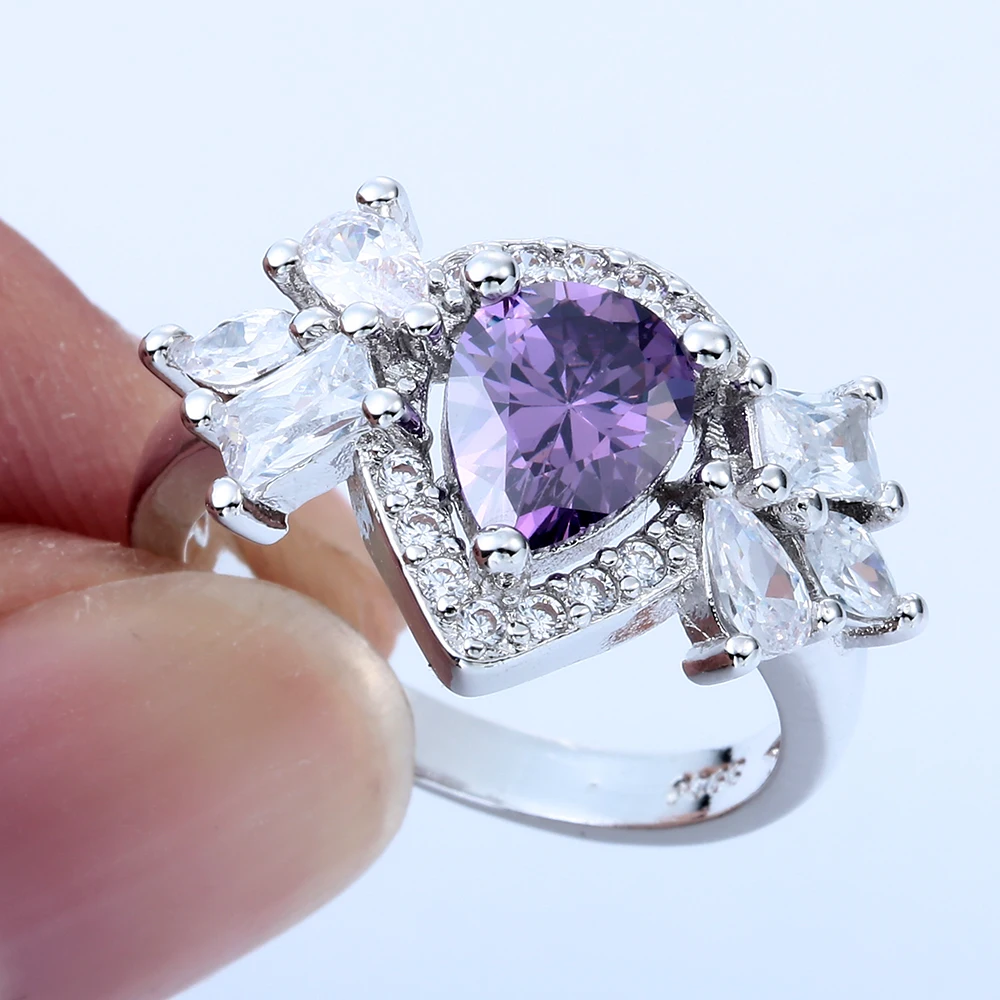 Новинка модное серебряное обручальное кольцо фиолетовый каплевидный Циркон