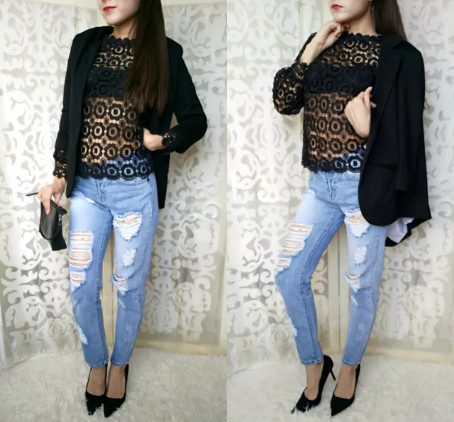 Рваные джинсы для женщин узкие брюки повседневные дам синие со средней талией